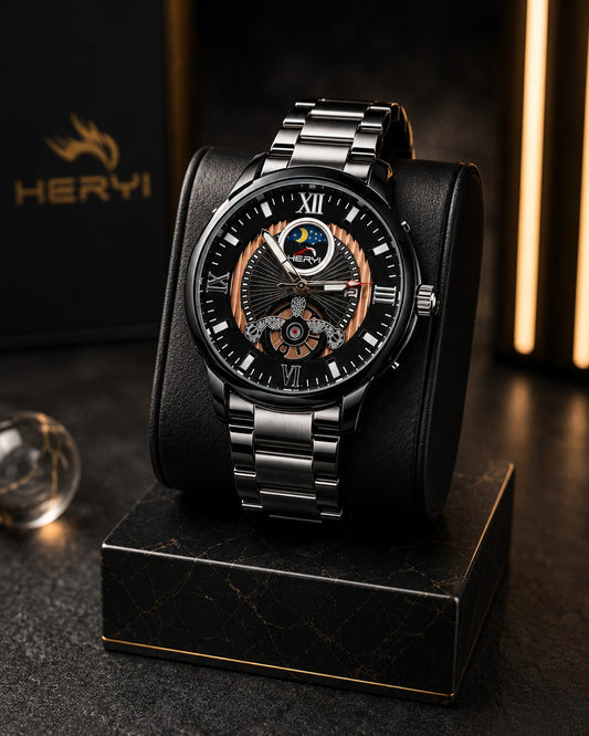HERYI Skeleton Style Watch | Black Dial Stainless Steel Luxury Watch