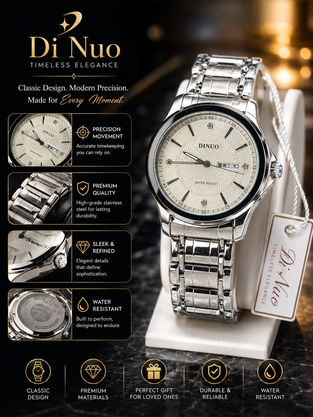 Dinuo Stainless Steel Day-Date Watch | Classic Luxury Men's Watch