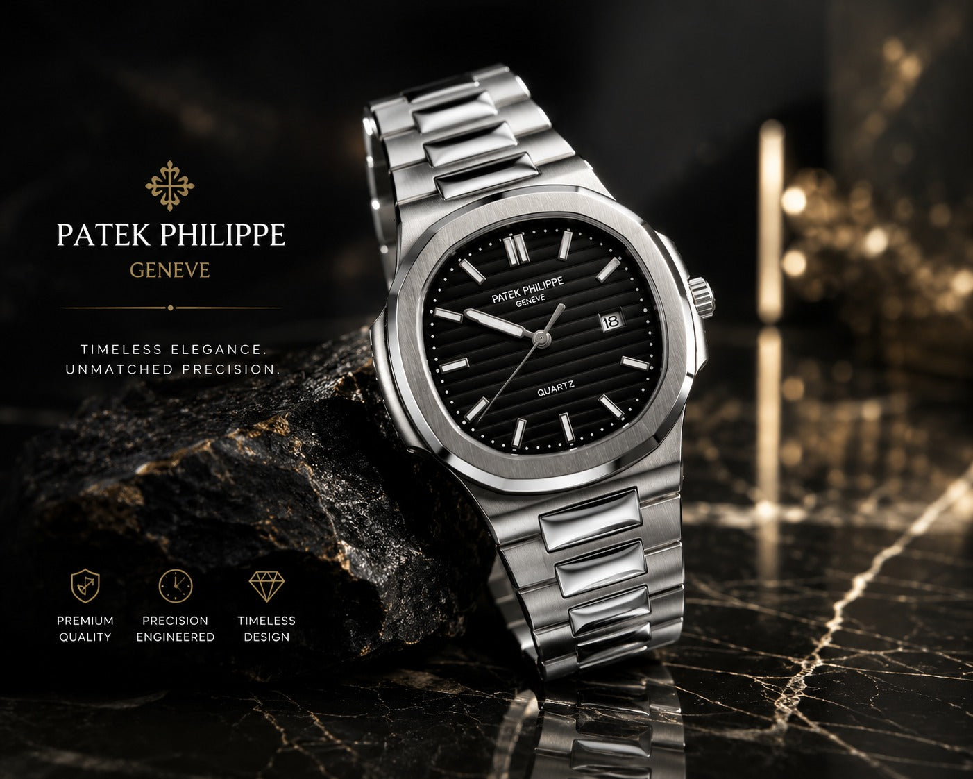 Nautilus Style Quartz Watch | Black Dial