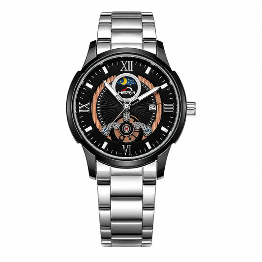 HERYI Skeleton Style Watch | Black Dial Stainless Steel Luxury Watch