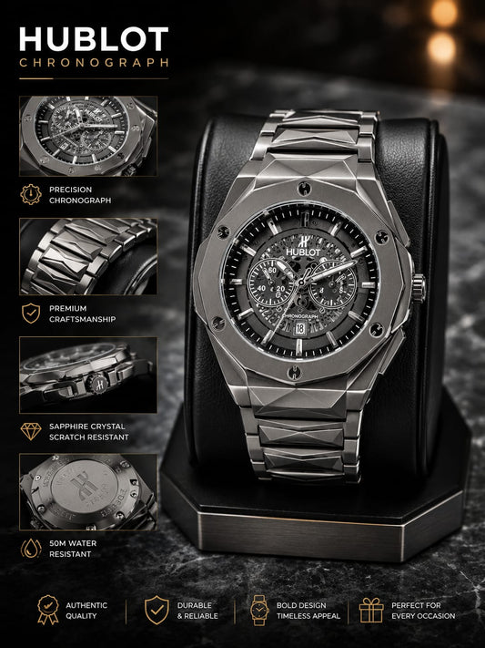 Hublot Skeleton Chronograph Stainless Steel Watch Grey Dial Luxury Men's Watch